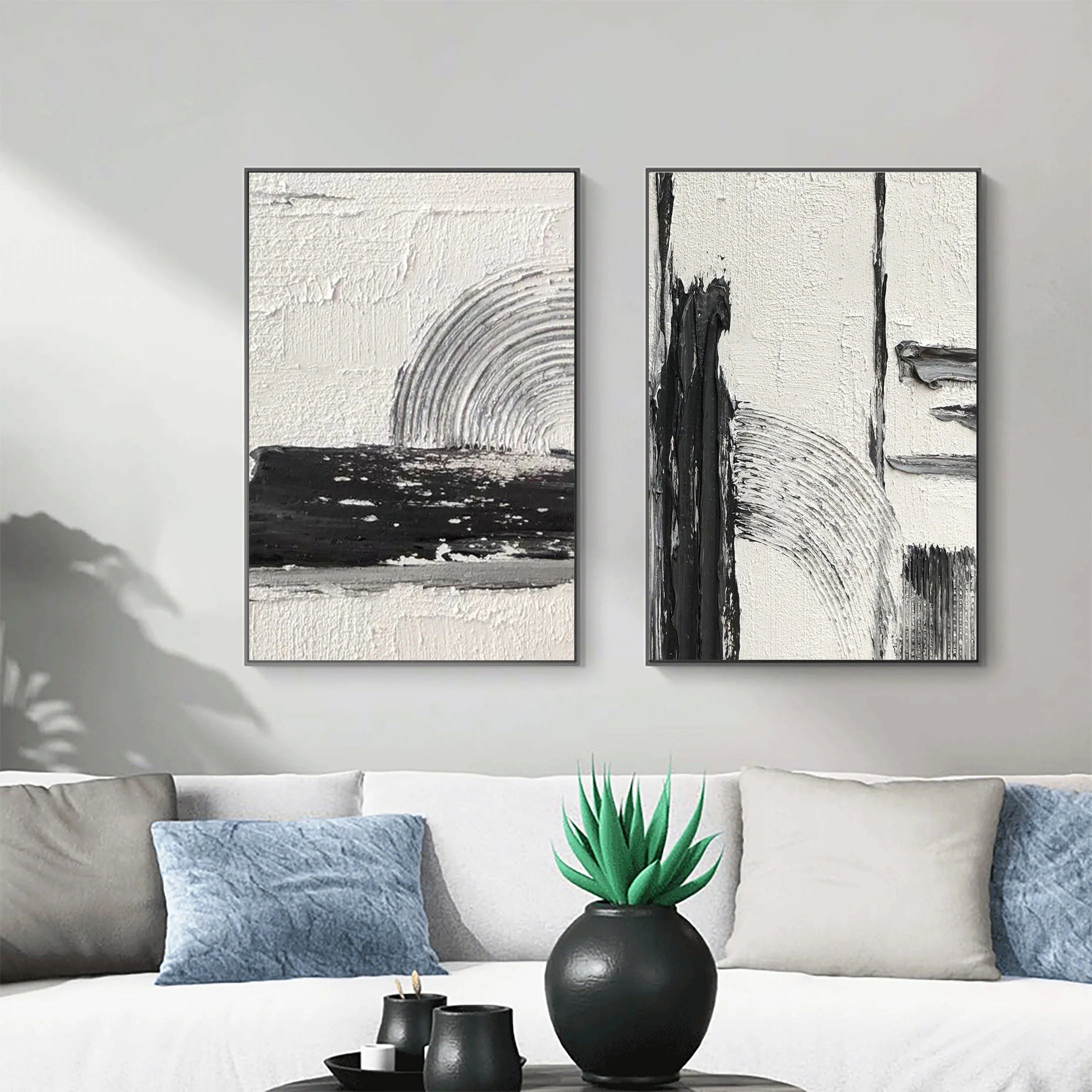 Set of 2 Retro Ink and Wash Minimalistic Painting on Canvas Wall Art #MM058