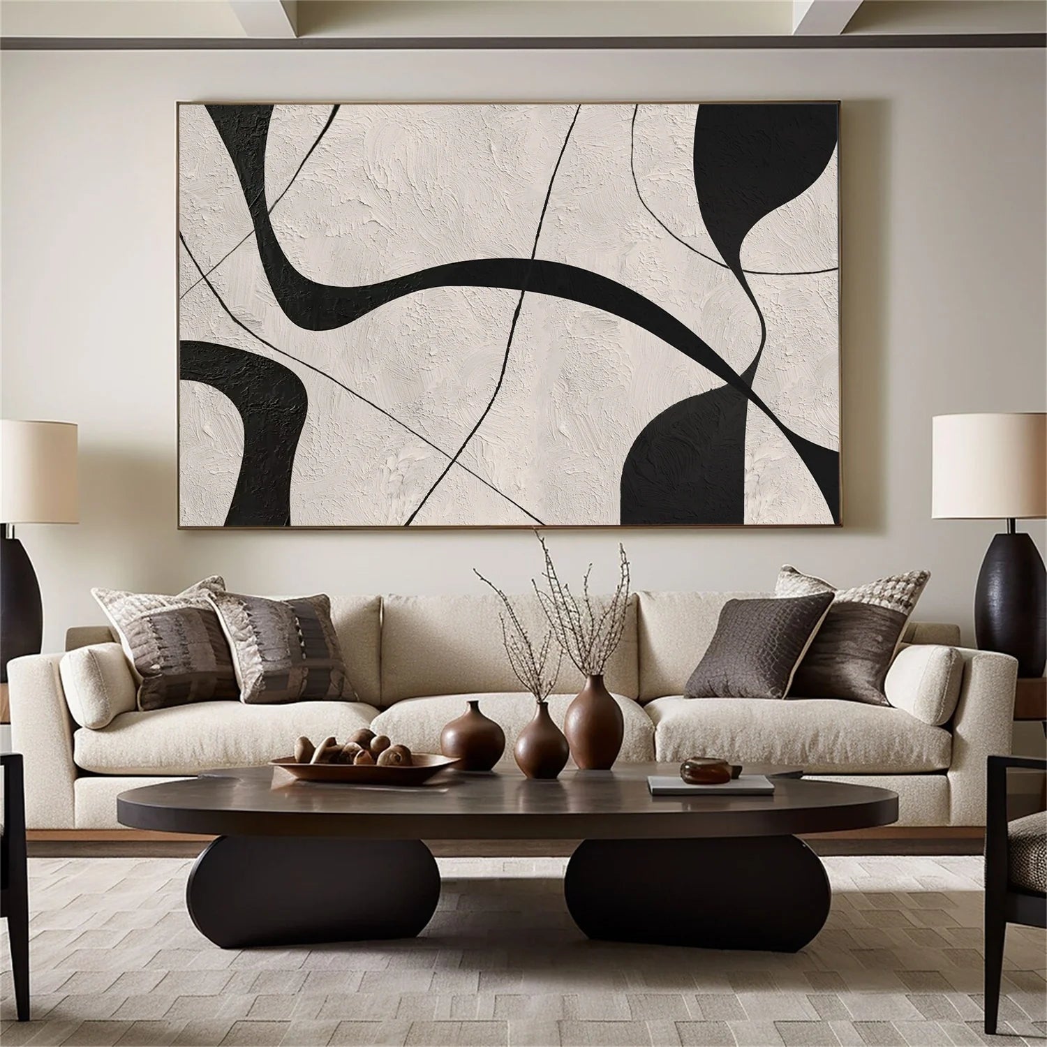 Beige & Black Abstract Textured Canvas Art #WS785