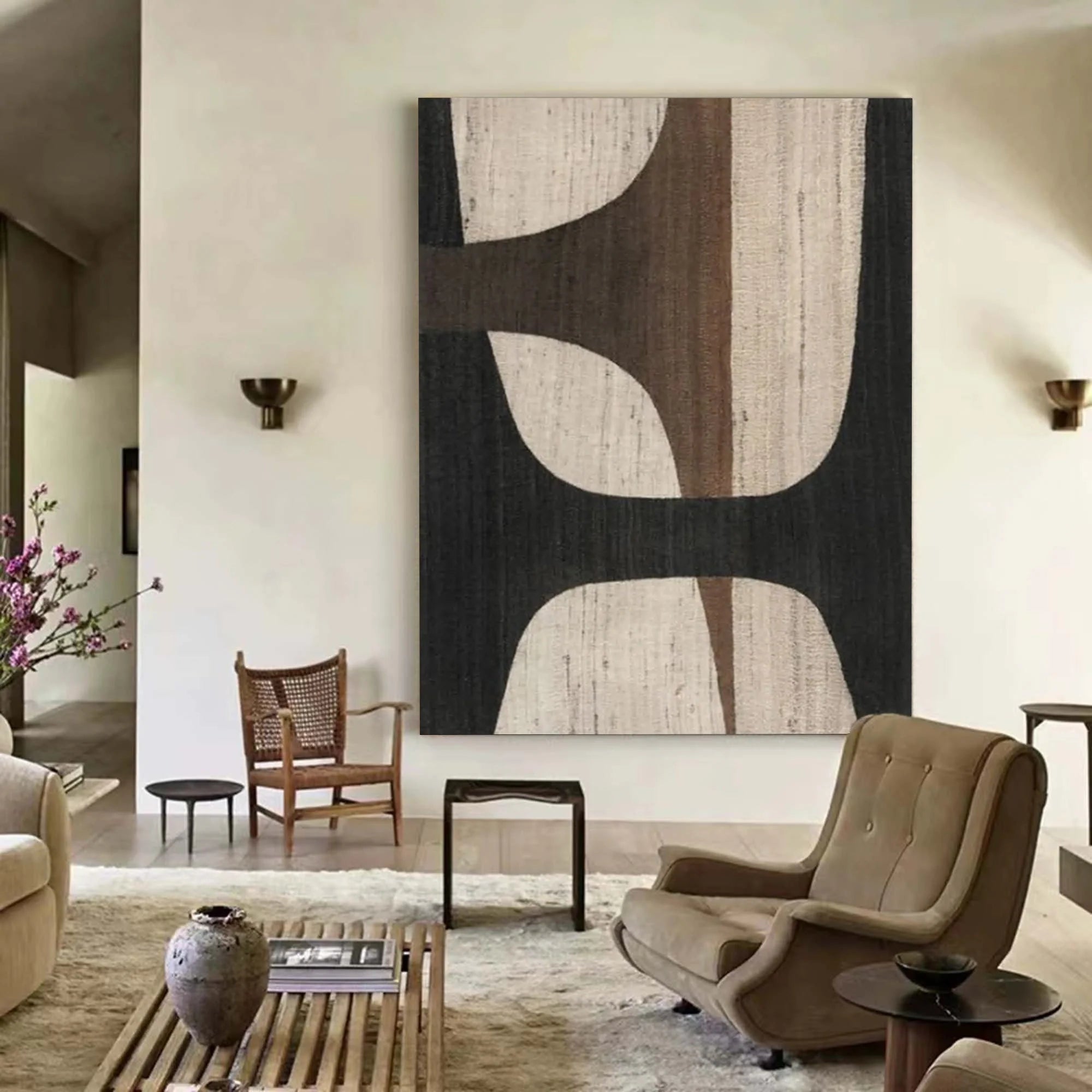 Oversize Large Wabi Sabi Abstract Painting on Canvas Minimalistic Wall Art, Black and Beige #WS018