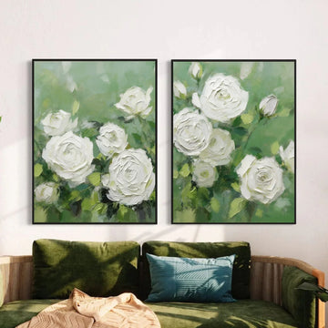 White and Green Flower & Tree Abstract Textured Wall Art Set of 2 #ML216