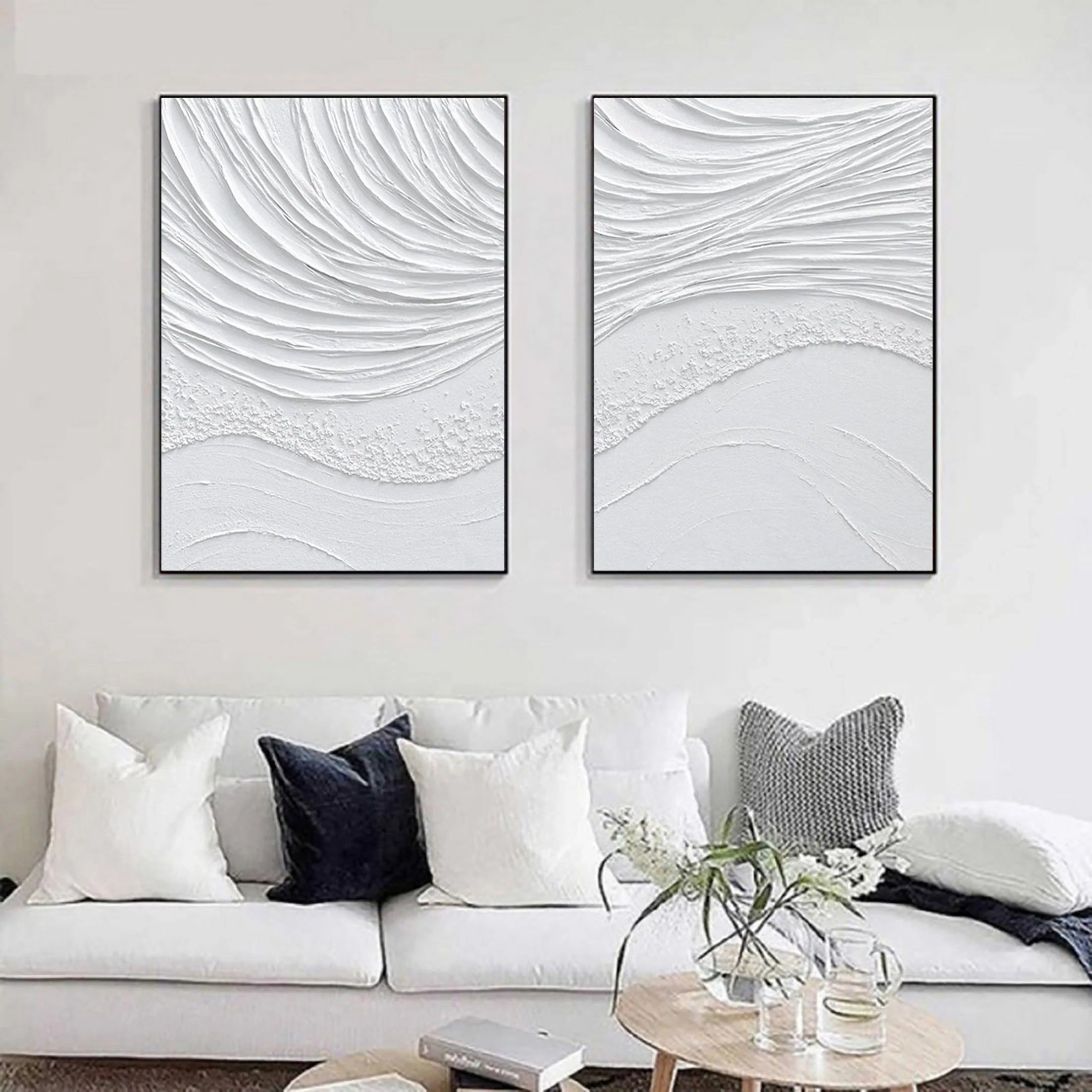 Set of 2 Pure White Plaster Sea Wave Texture Painting for Room Decor #MM062