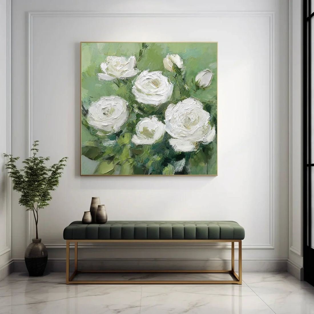 White and Green Flower & Tree Abstract Textured Wall Art #ML215