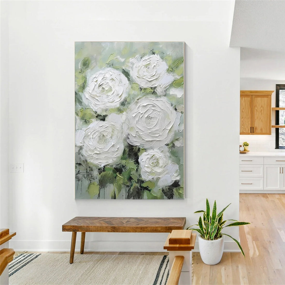 White and Green Flower & Tree Abstract Textured Wall Art #ML213
