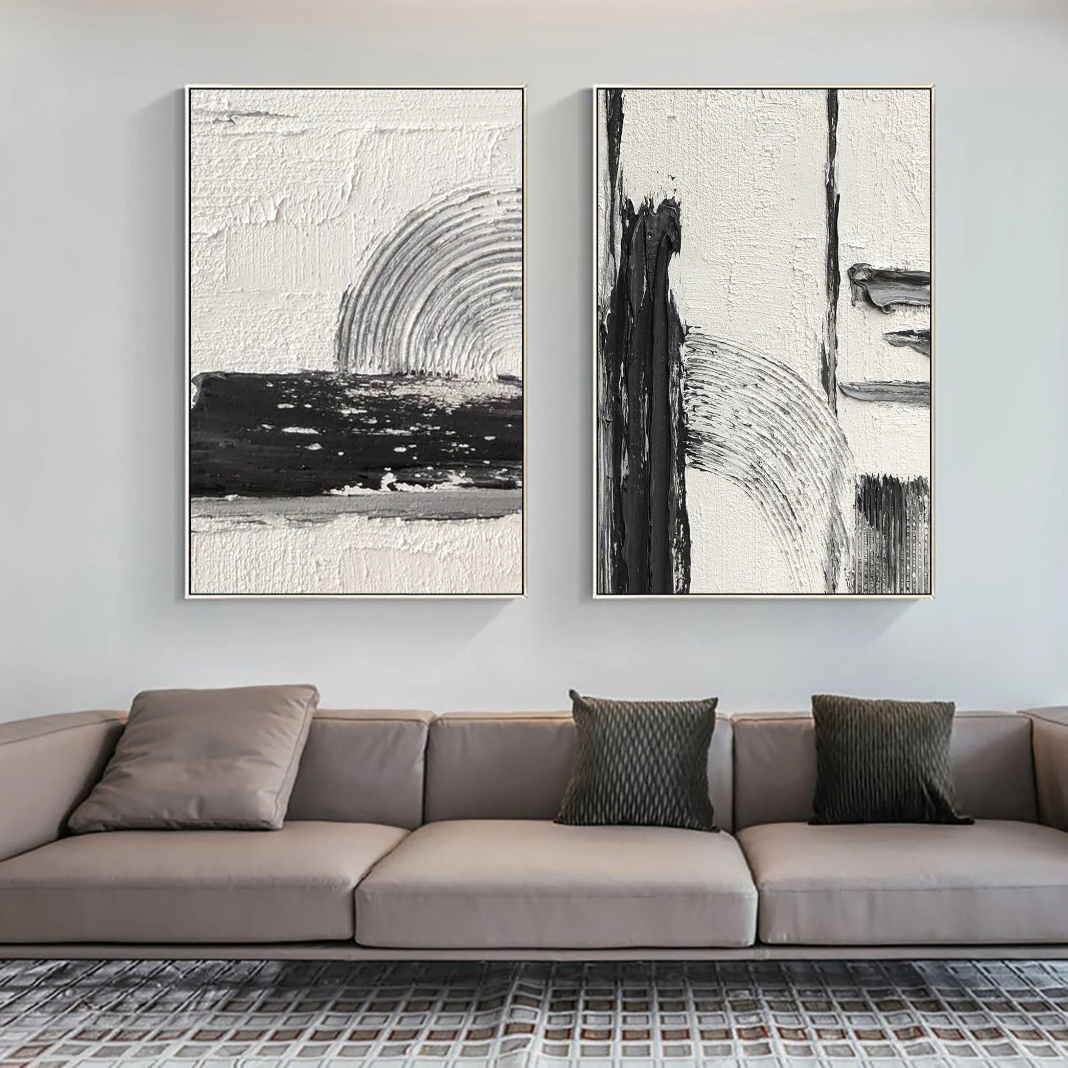 Set of 2 Retro Ink and Wash Minimalistic Painting on Canvas Wall Art #MM058