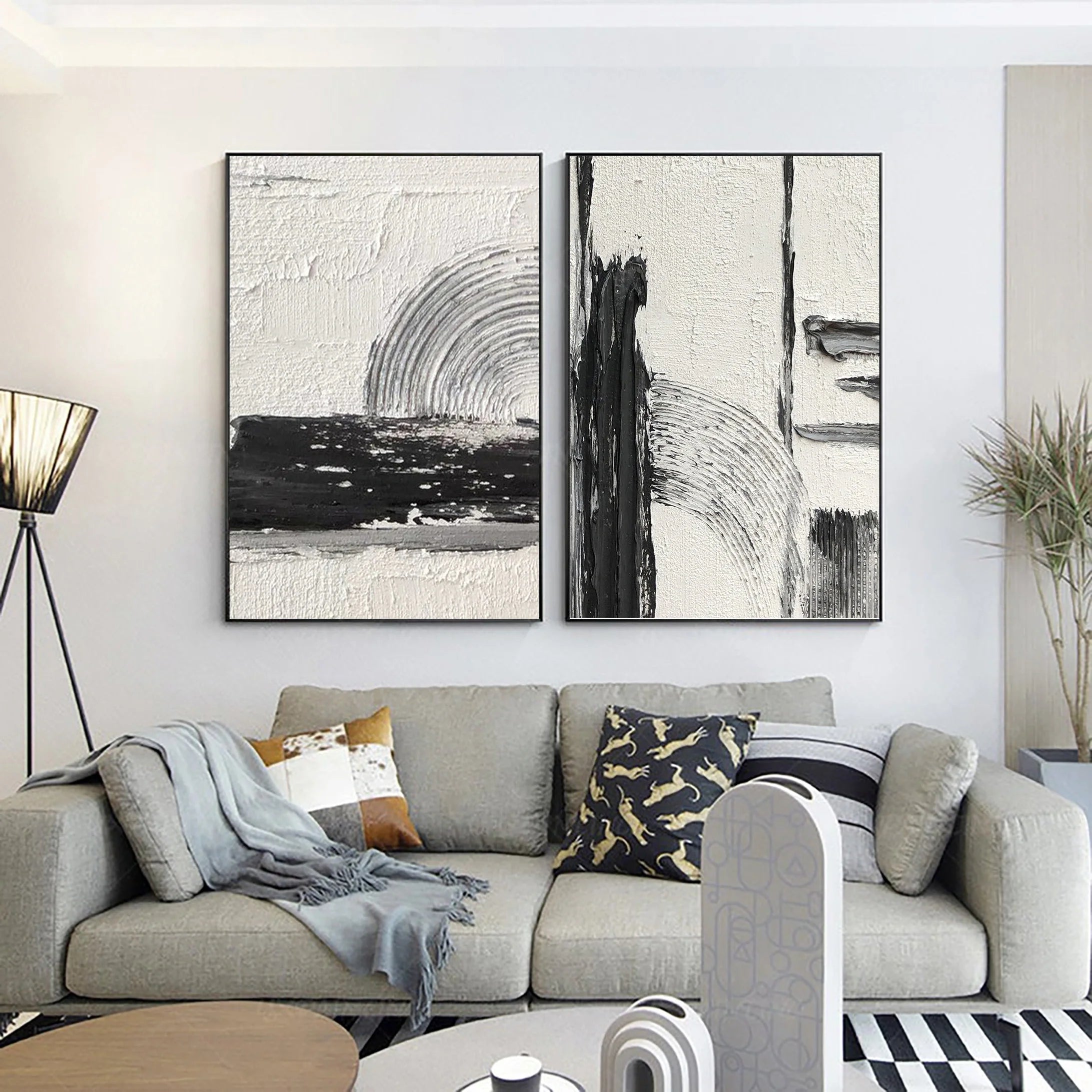 Set of 2 Retro Ink and Wash Minimalistic Painting on Canvas Wall Art #MM058