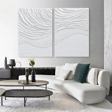 Set of 2 Pure White Plaster Sea Wave Texture Painting for Room Decor #MM062