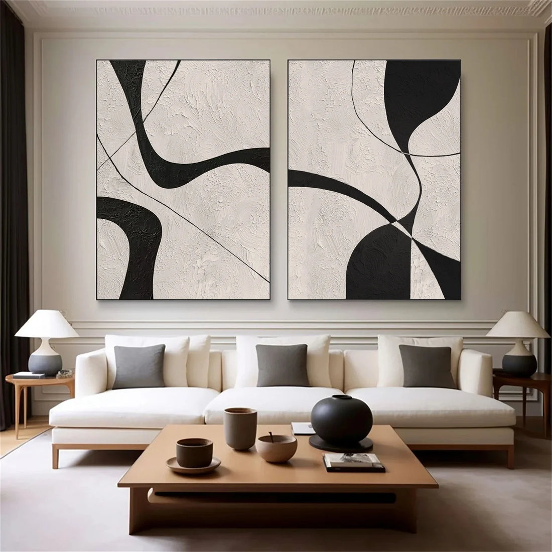 Beige & Black Abstract Textured Canvas Art Set of 2 #WS780