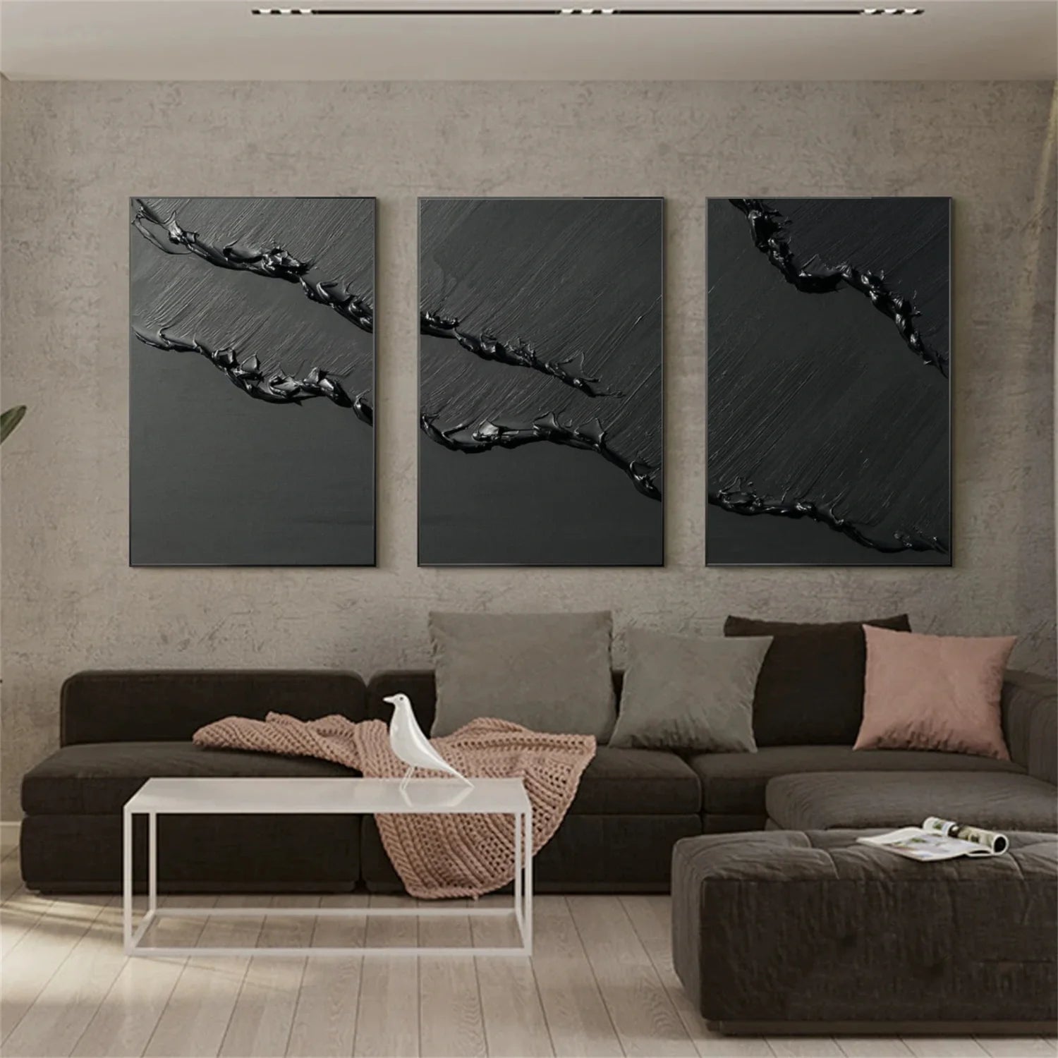 Black Minimalist Textured  Canvas Art Set of 3 #MZ115