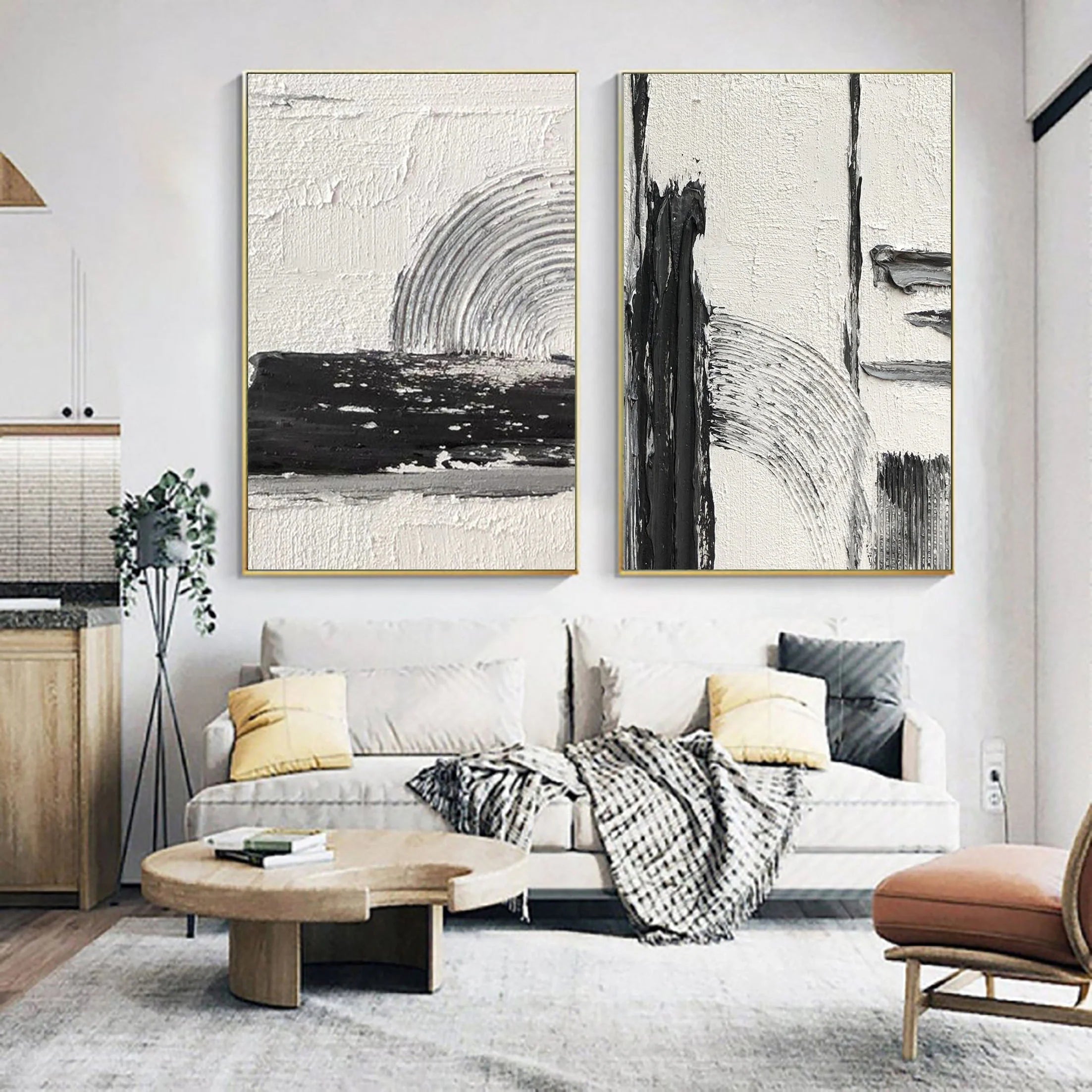 Set of 2 Retro Ink and Wash Minimalistic Painting on Canvas Wall Art #MM058