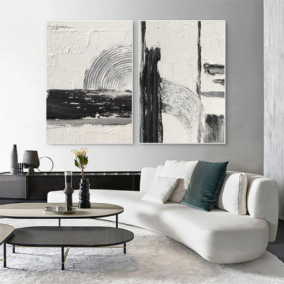 Set of 2 Retro Ink and Wash Minimalistic Painting on Canvas Wall Art #MM058