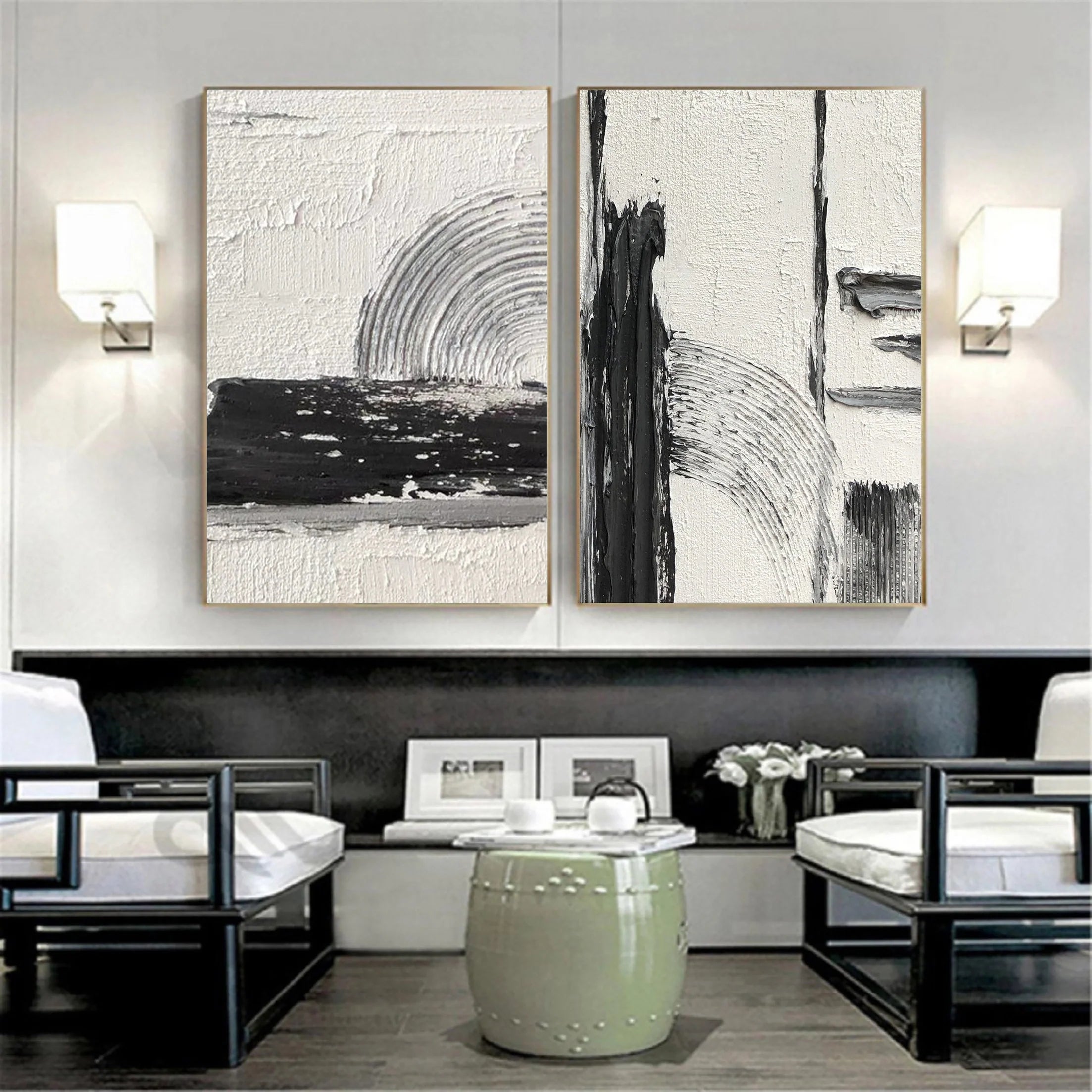Set of 2 Retro Ink and Wash Minimalistic Painting on Canvas Wall Art #MM058