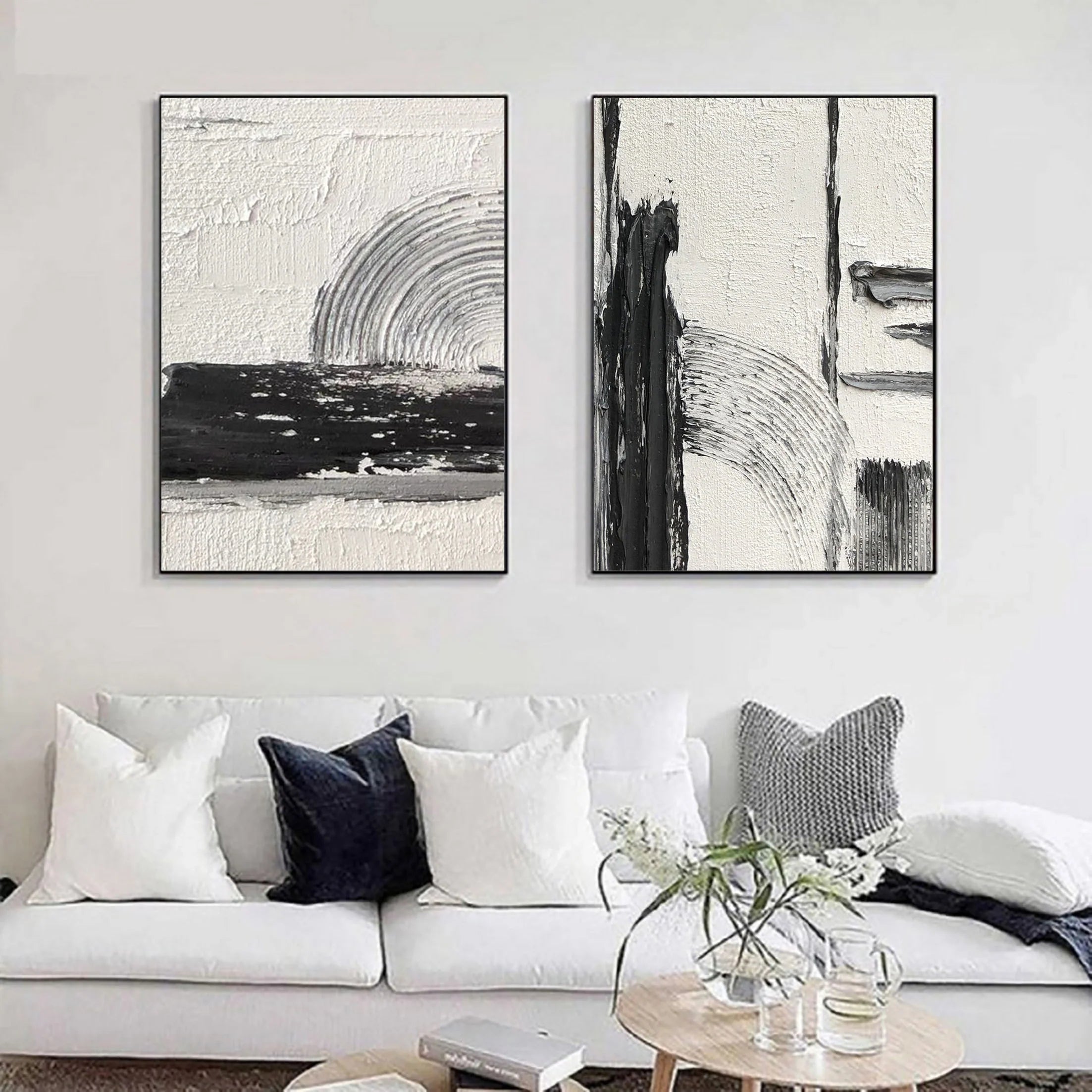 Set of 2 Retro Ink and Wash Minimalistic Painting on Canvas Wall Art #MM058
