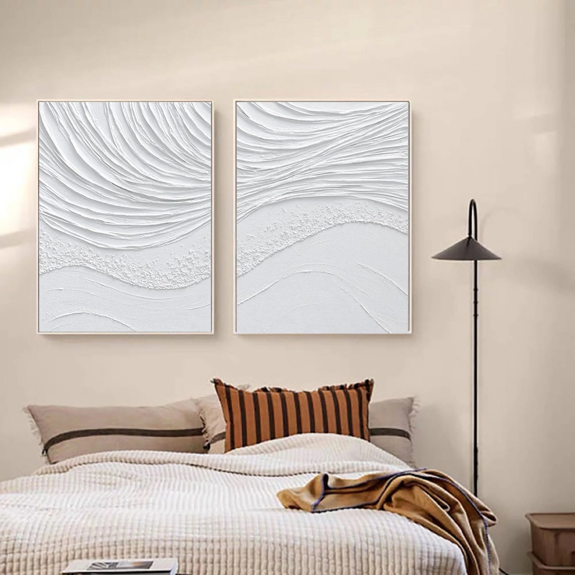 Set of 2 Pure White Plaster Sea Wave Texture Painting for Room Decor #MM062