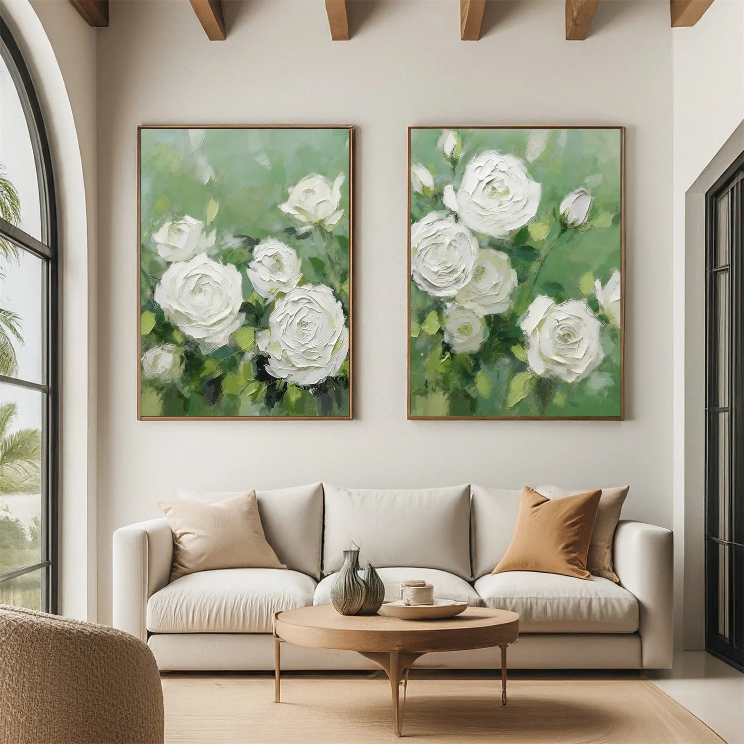 White and Green Flower & Tree Abstract Textured Wall Art Set of 2 #ML216