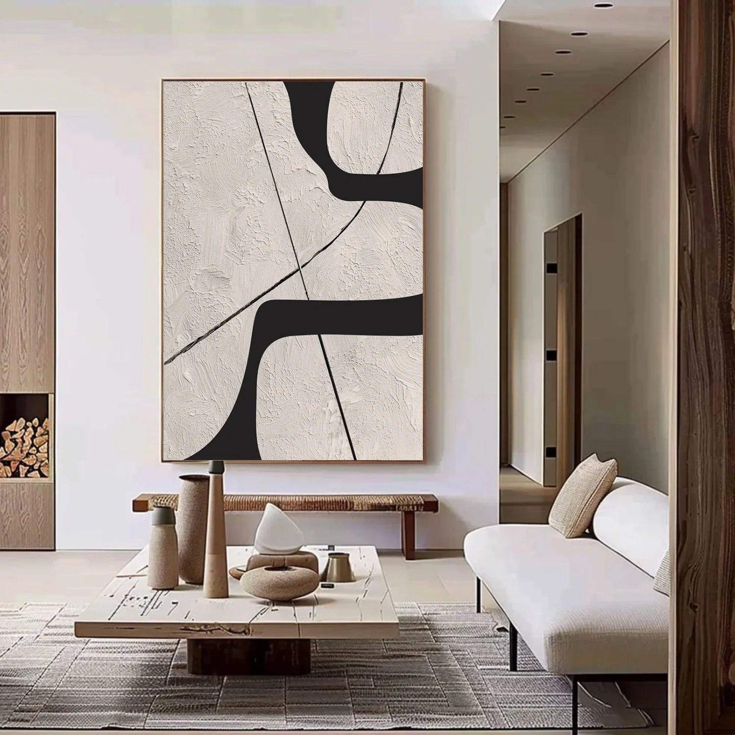 Beige & Black Abstract Textured Canvas Art #WS784