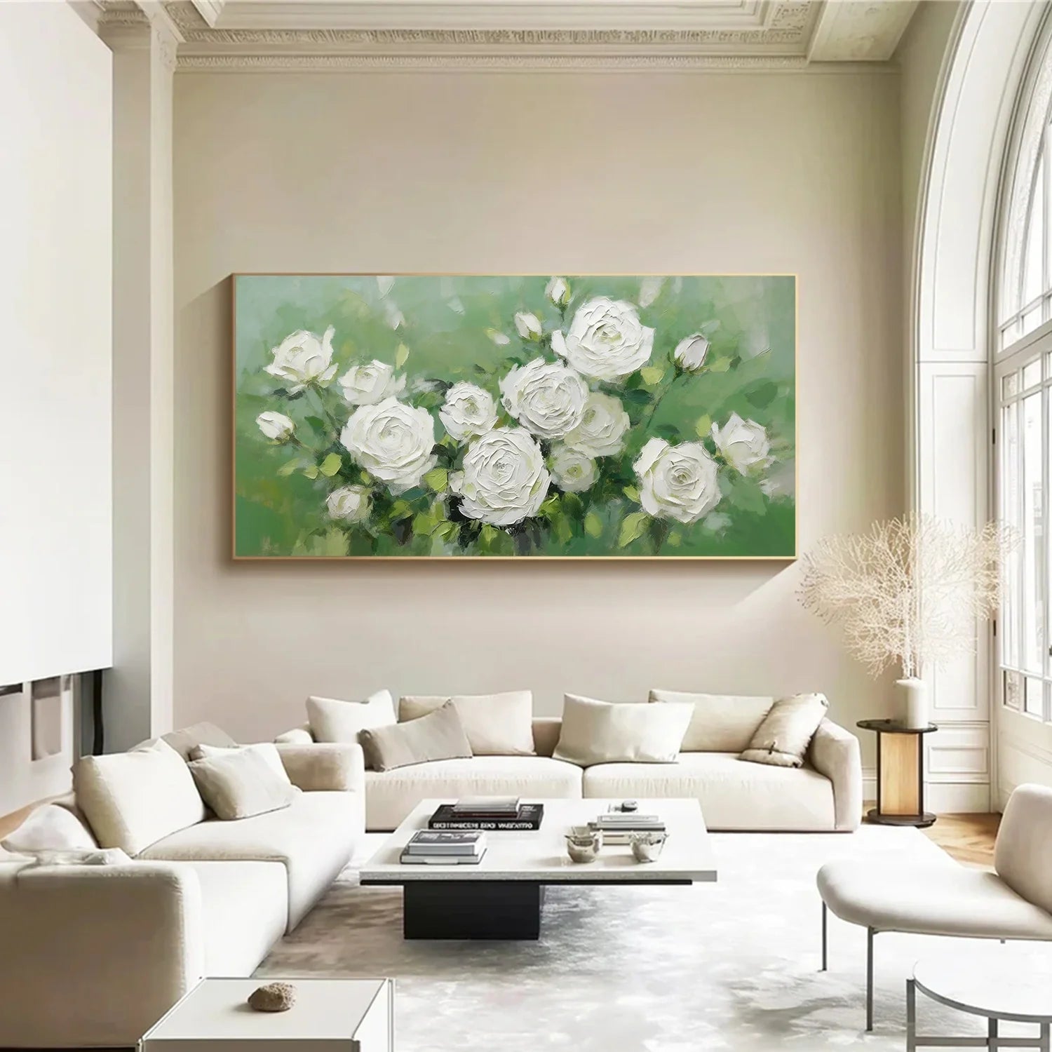 White and Green Flower & Tree Abstract Textured Wall Art #ML214