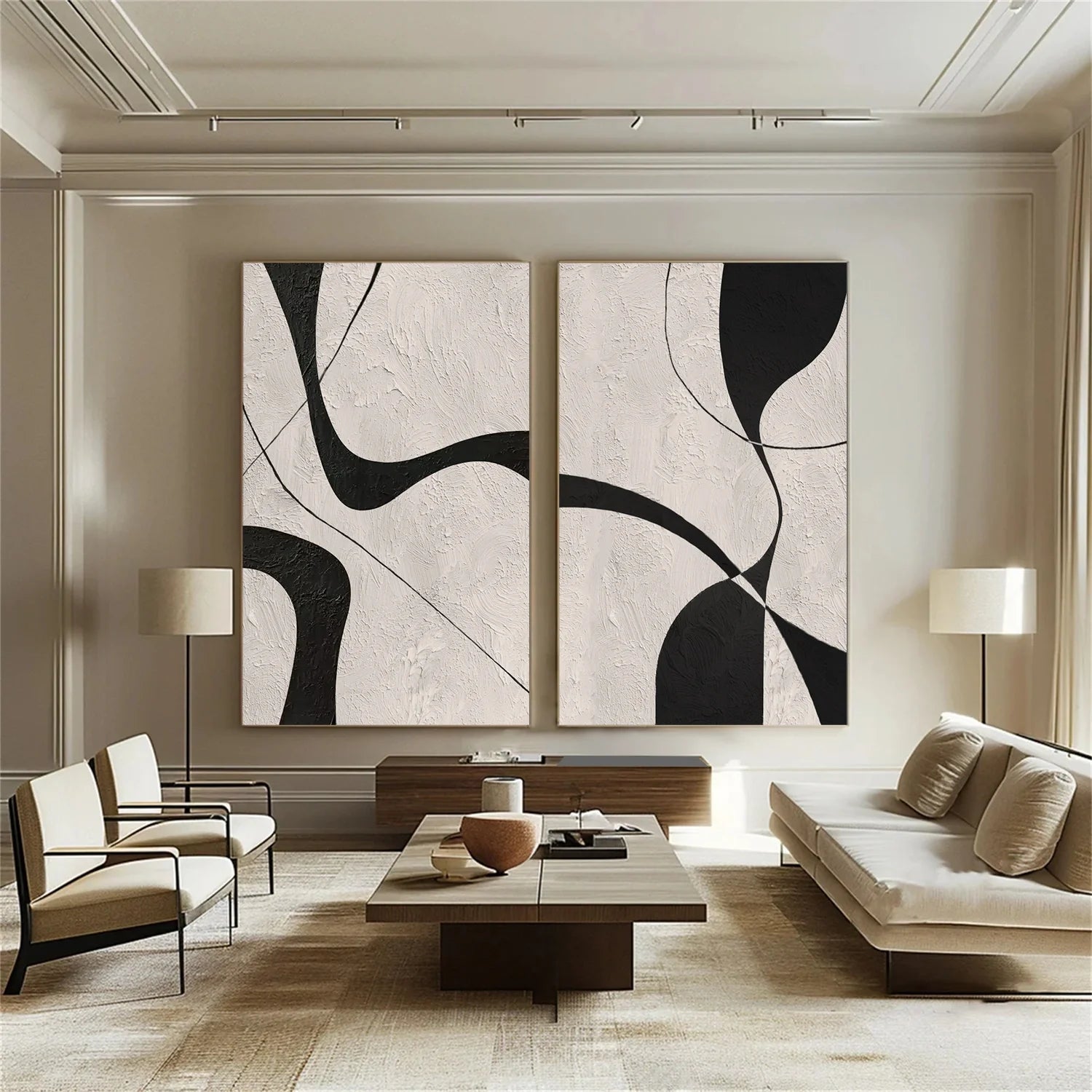 Beige & Black Abstract Textured Canvas Art Set of 2 #WS780
