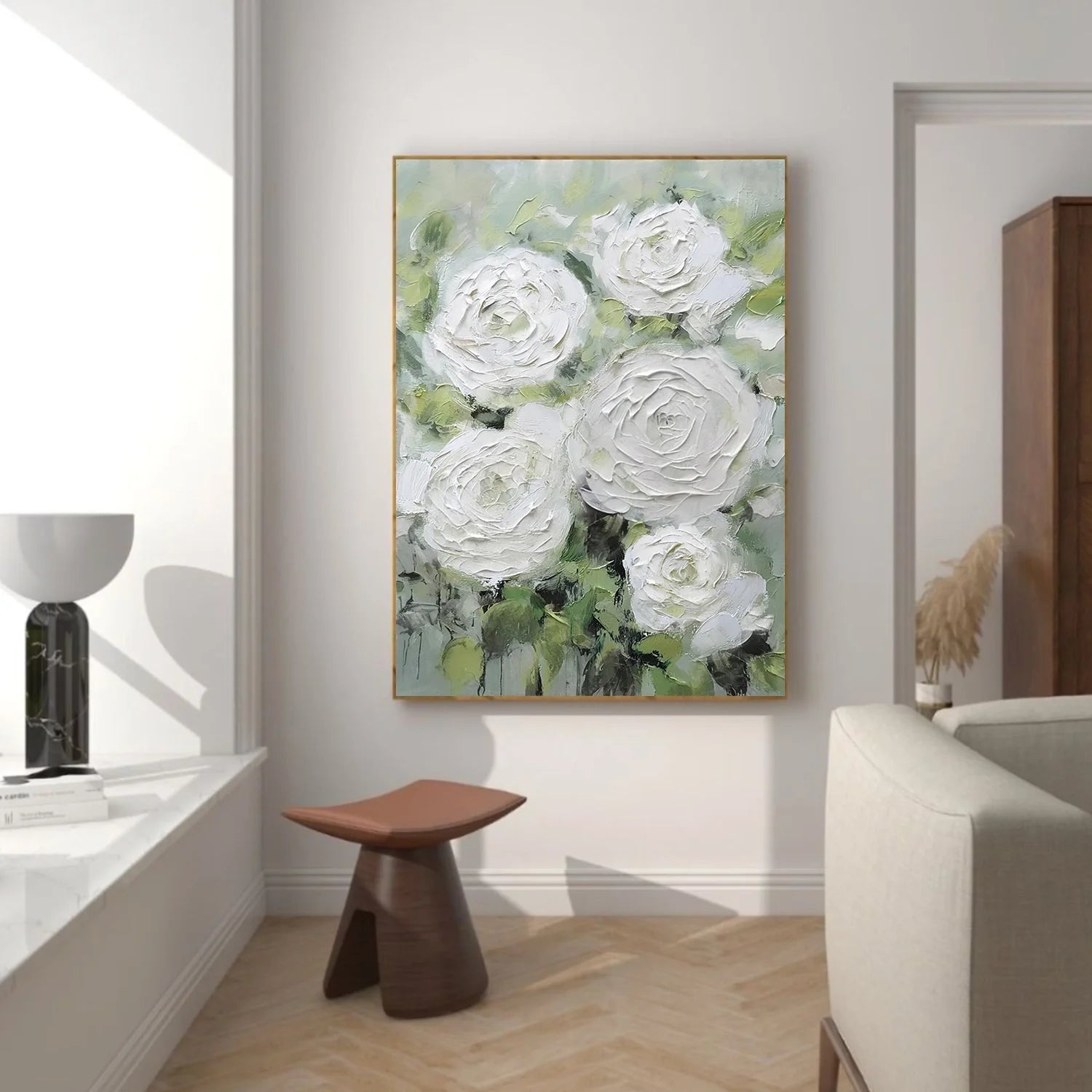 White and Green Flower & Tree Abstract Textured Wall Art #ML213