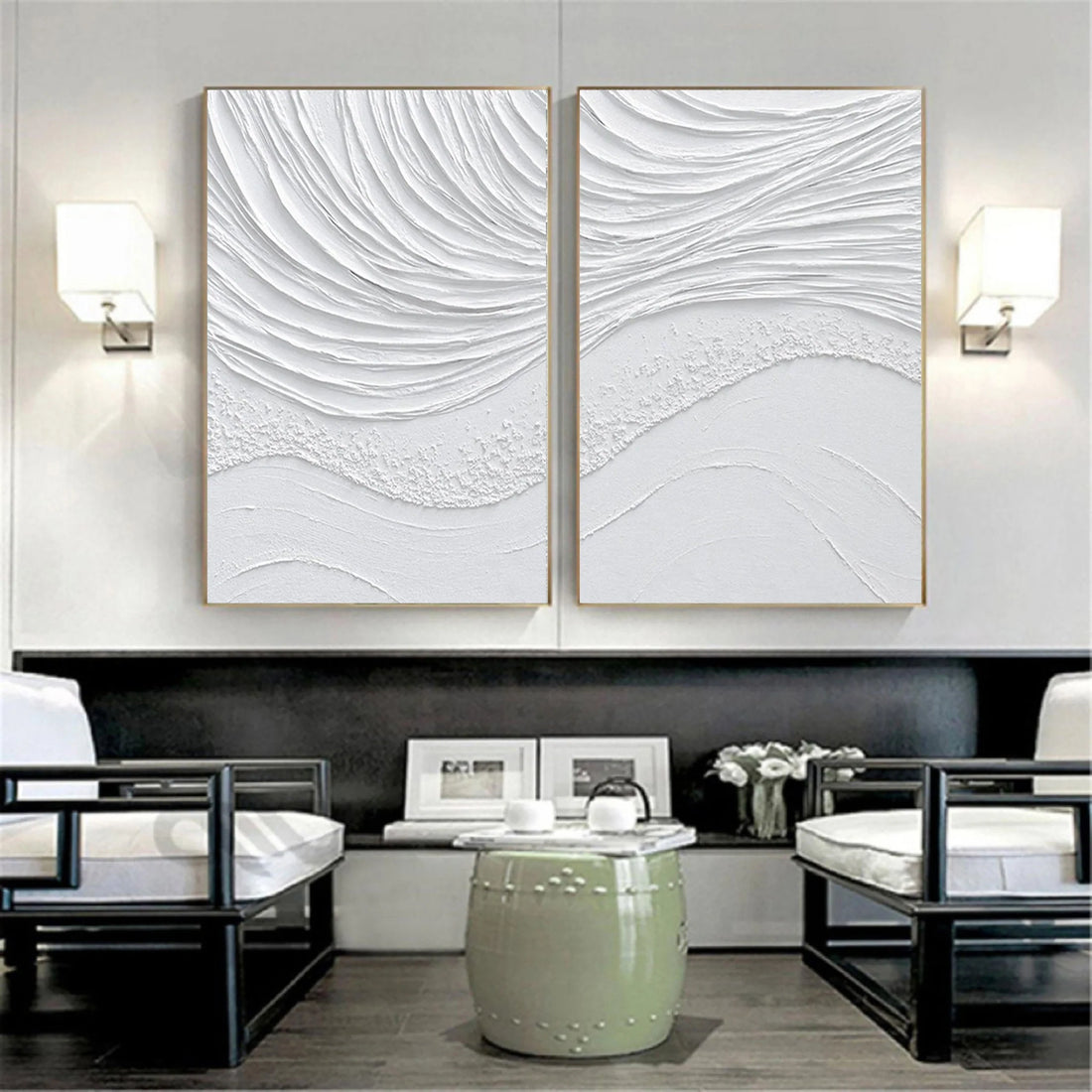 Set of 2 Pure White Plaster Sea Wave Texture Painting for Room Decor #MM062