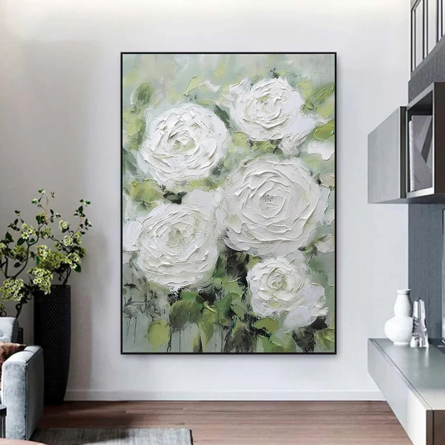 White and Green Flower & Tree Abstract Textured Wall Art #ML213