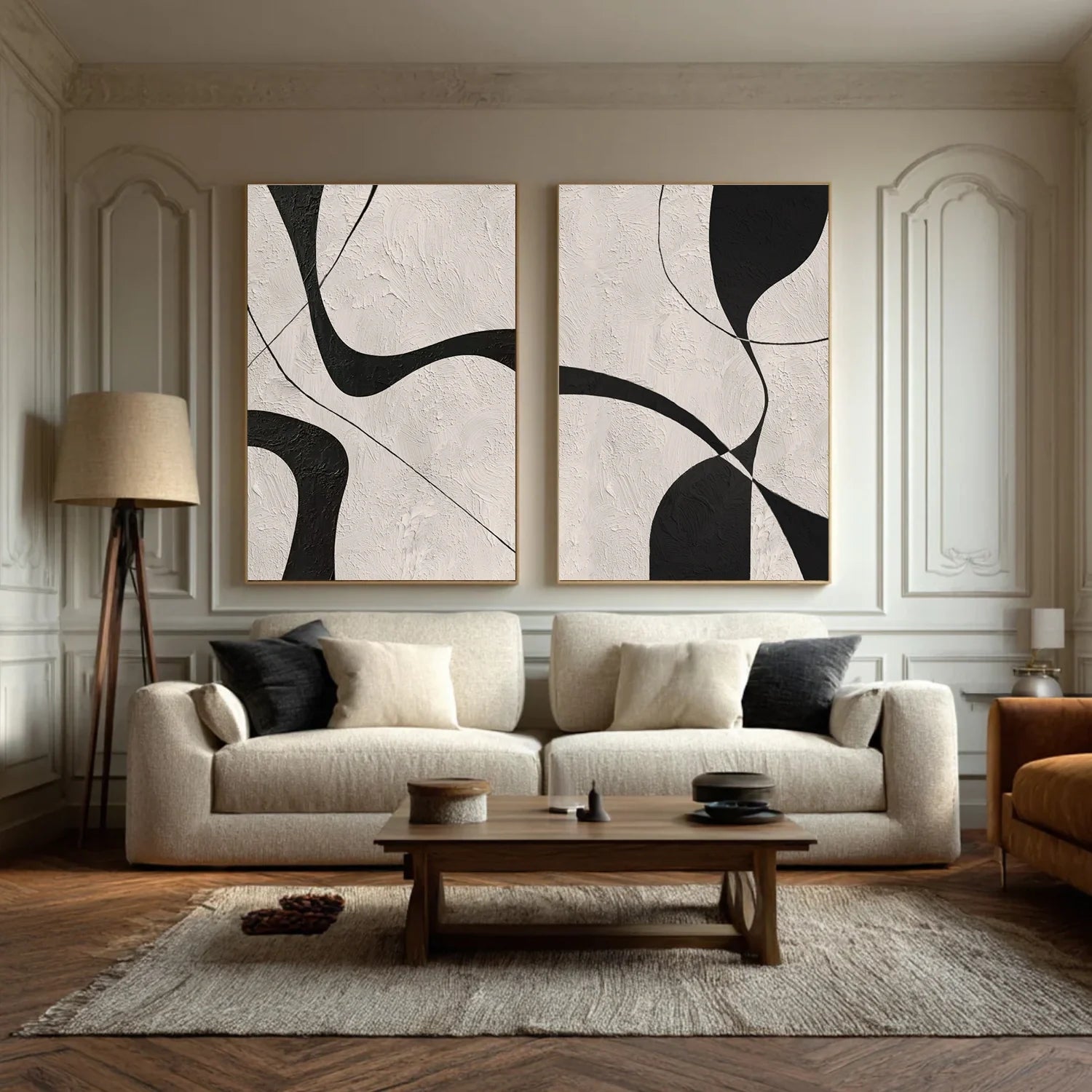 Beige & Black Abstract Textured Canvas Art Set of 2 #WS780