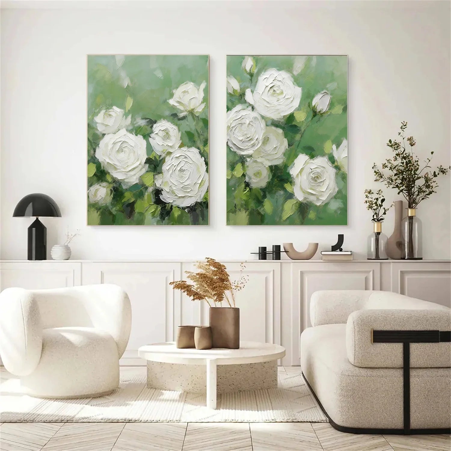 White and Green Flower & Tree Abstract Textured Wall Art Set of 2 #ML216