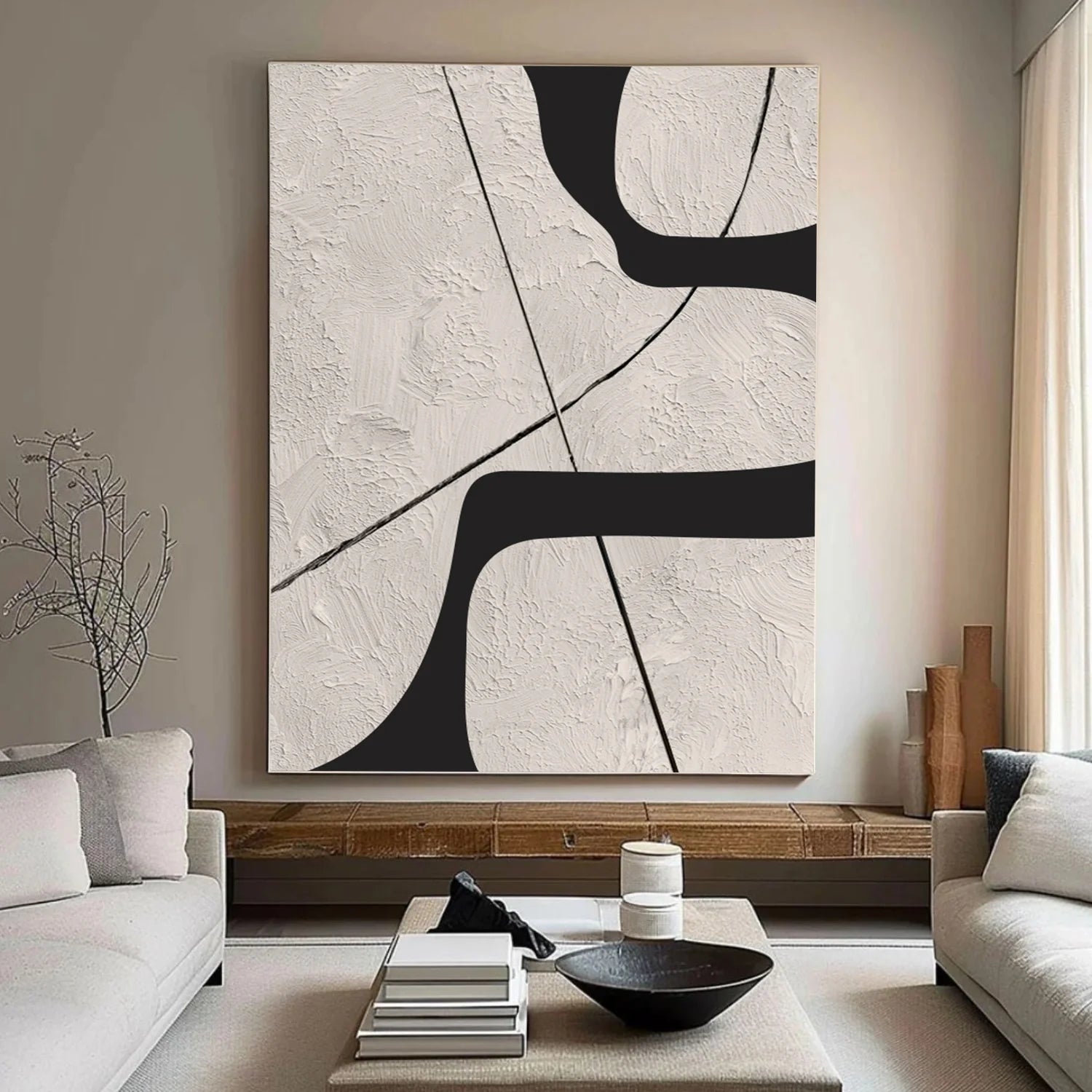Beige & Black Abstract Textured Canvas Art #WS784