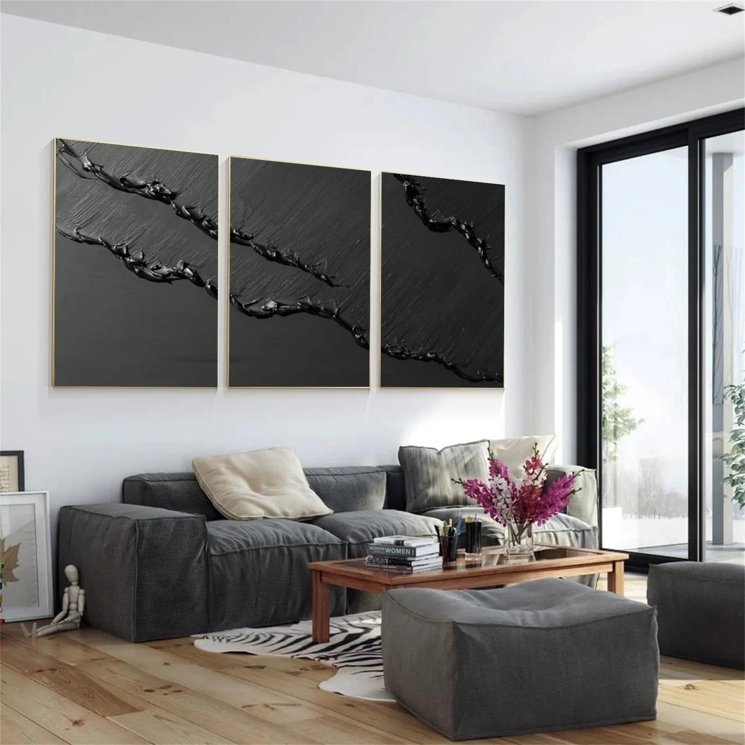 Black Minimalist Textured  Canvas Art Set of 3 #MZ115