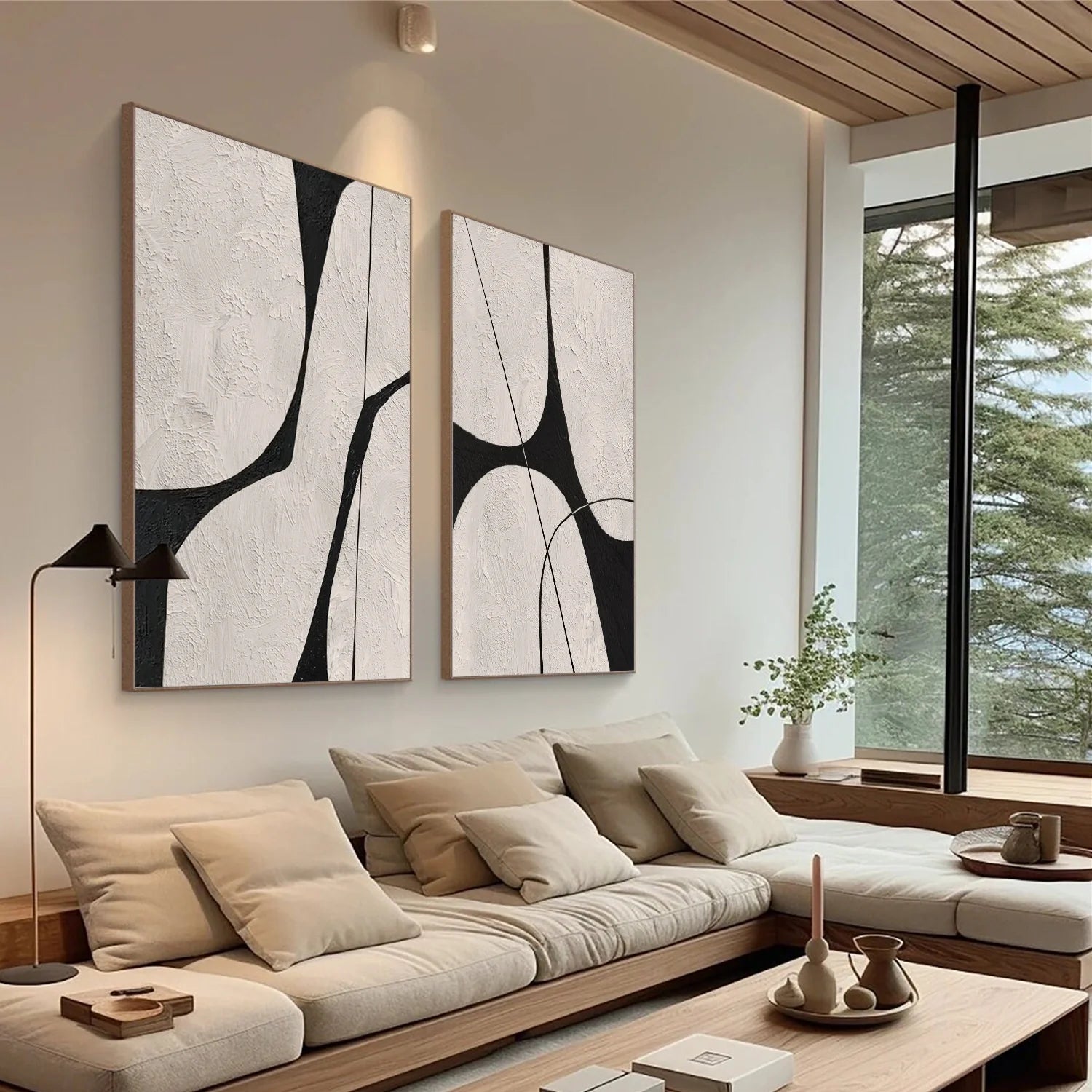 Beige & Black Abstract Textured Canvas Art Set of 2 #WS779