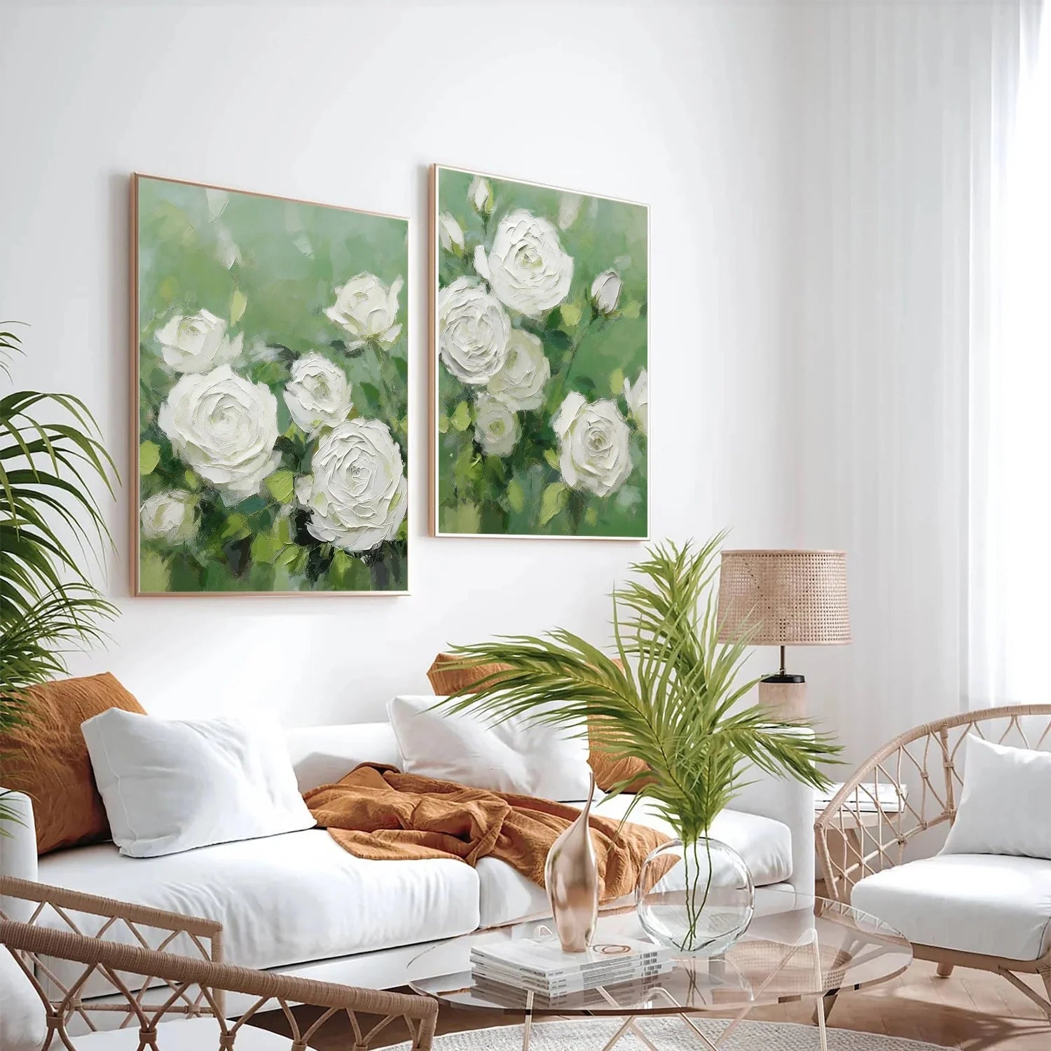 White and Green Flower & Tree Abstract Textured Wall Art Set of 2 #ML216