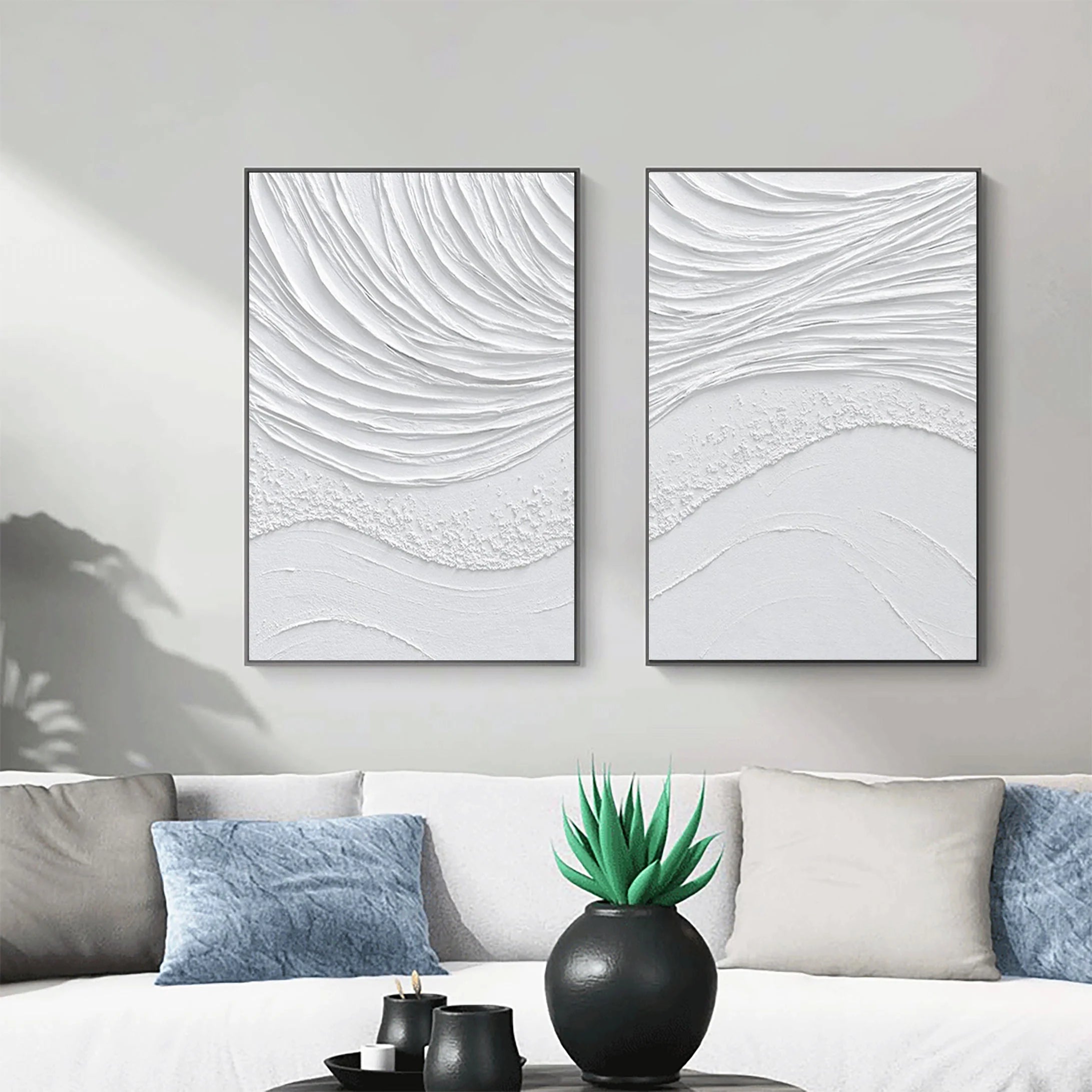 Set of 2 Pure White Plaster Sea Wave Texture Painting for Room Decor #MM062