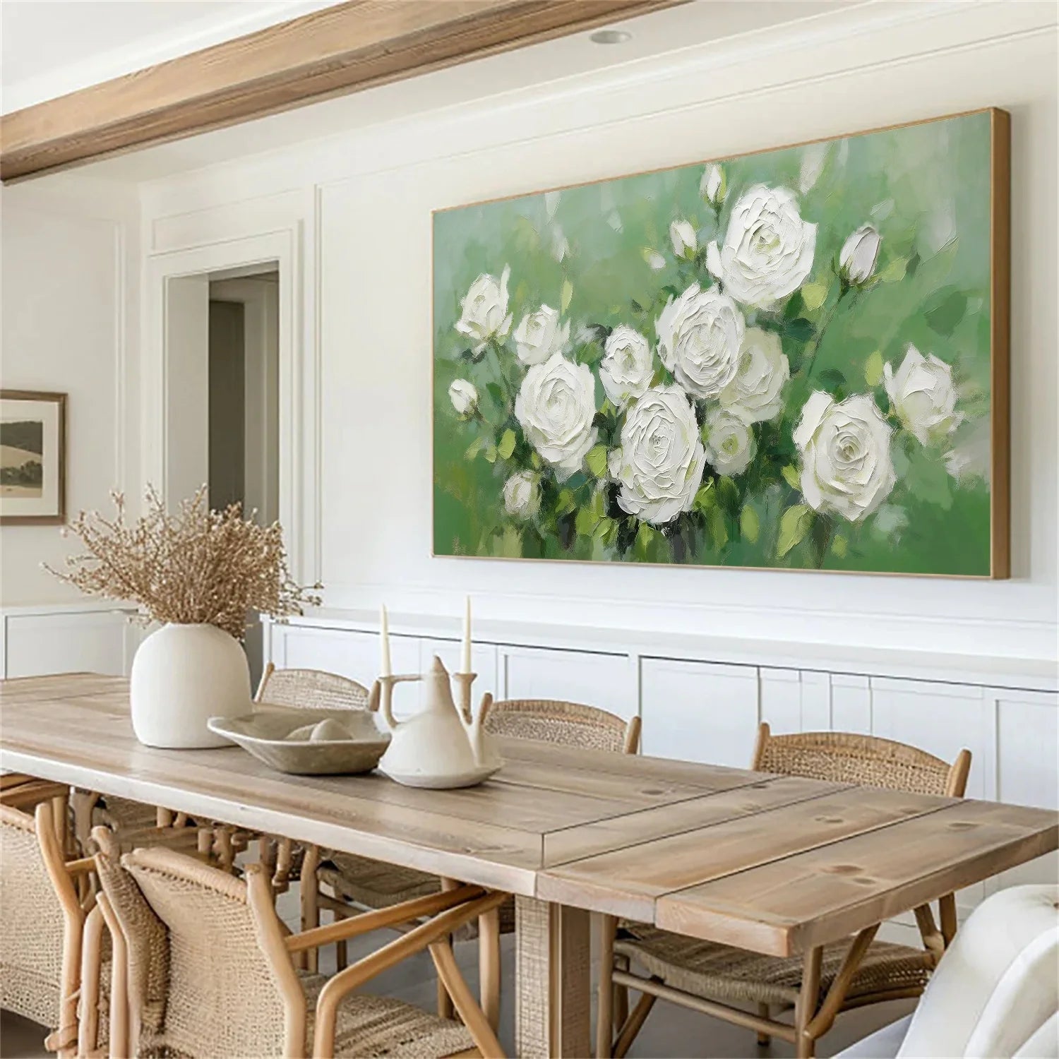 White and Green Flower & Tree Abstract Textured Wall Art #ML214