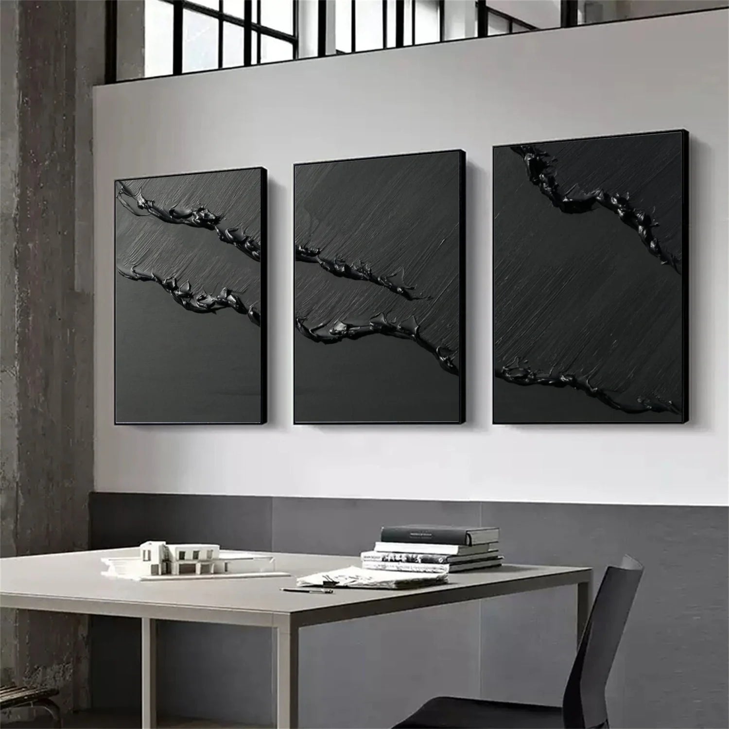 Black Minimalist Textured  Canvas Art Set of 3 #MZ115