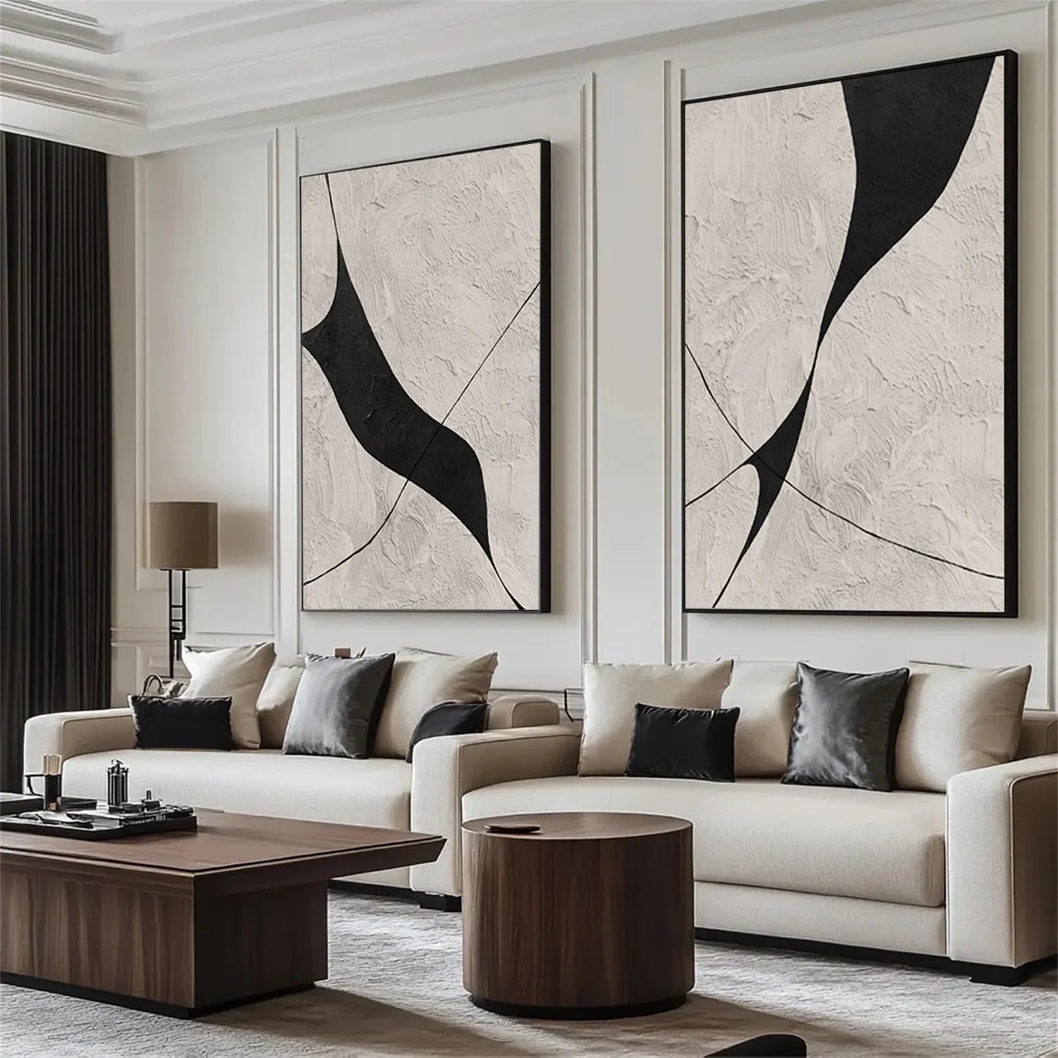 Beige & Black Abstract Textured Painting Set of 2 #WS462