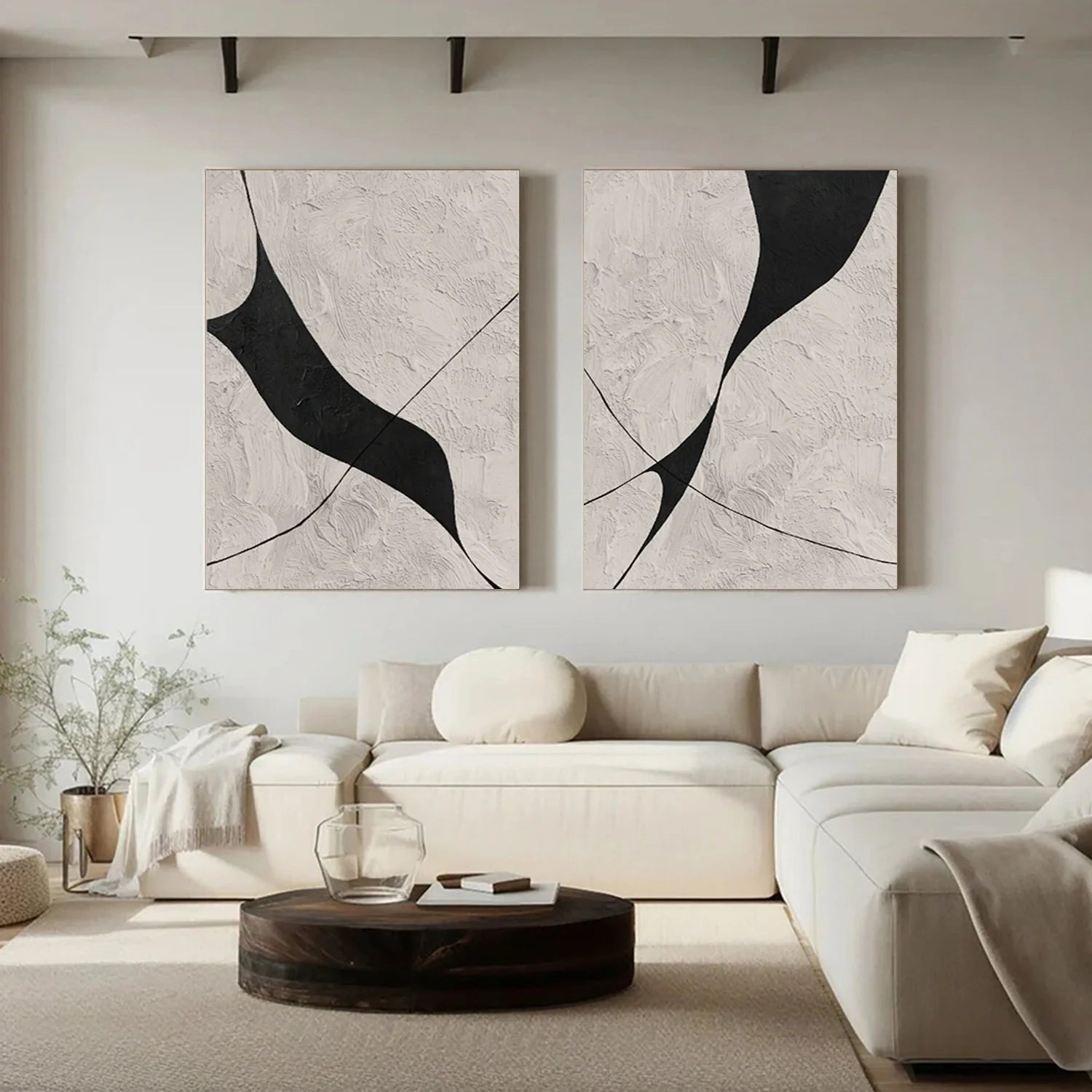 Beige & Black Abstract Textured Painting Set of 2 #WS462