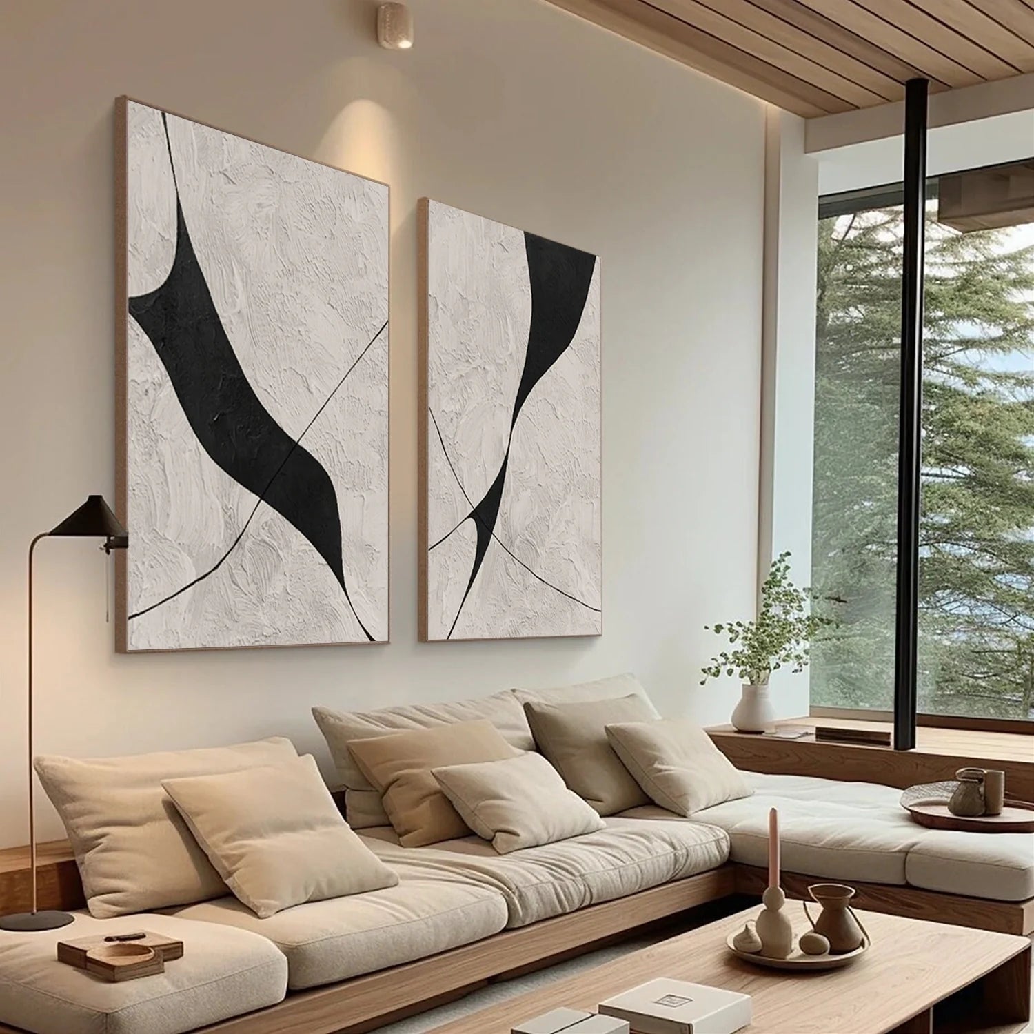 Beige & Black Abstract Textured Painting Set of 2 #WS462