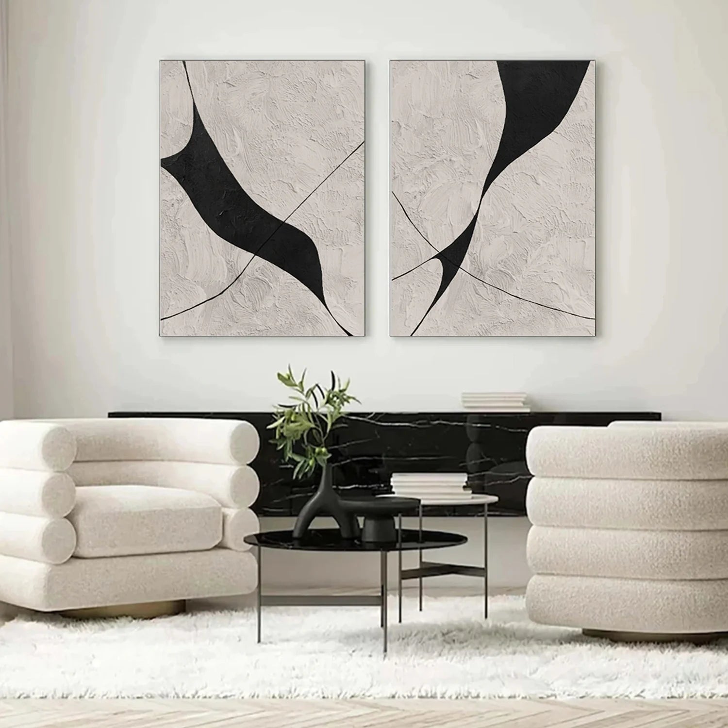 Beige & Black Abstract Textured Painting Set of 2 #WS462