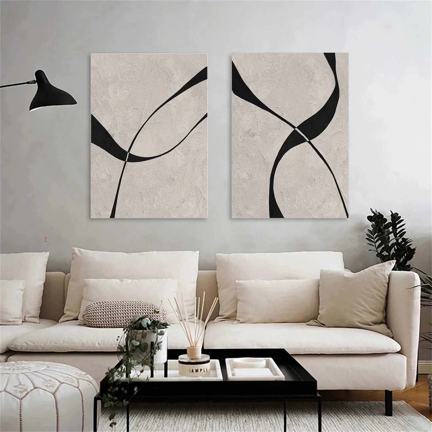 Beige & Black Abstract Textured Painting Set of 2 #WS464