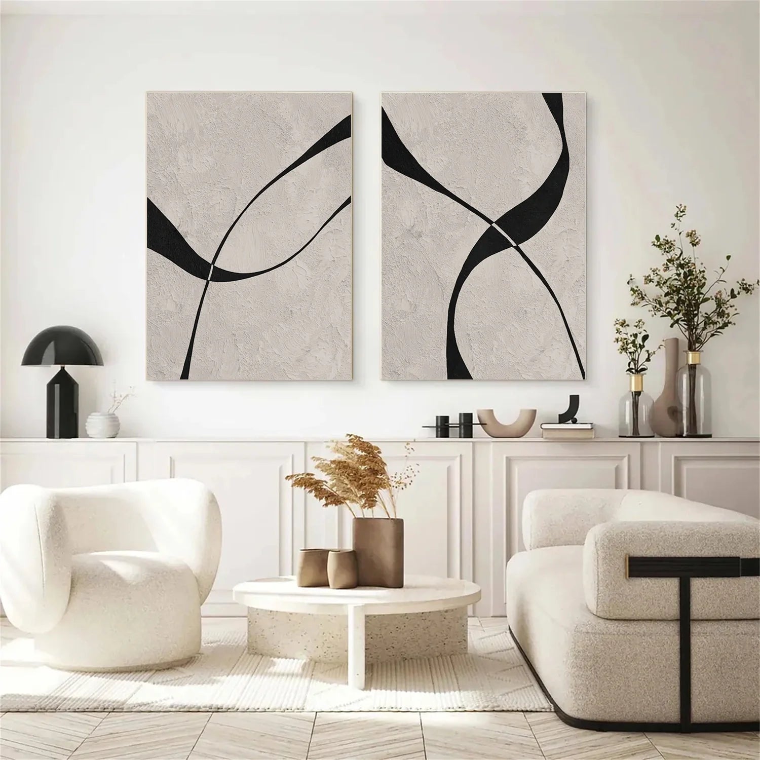 Beige & Black Abstract Textured Painting Set of 2 #WS464
